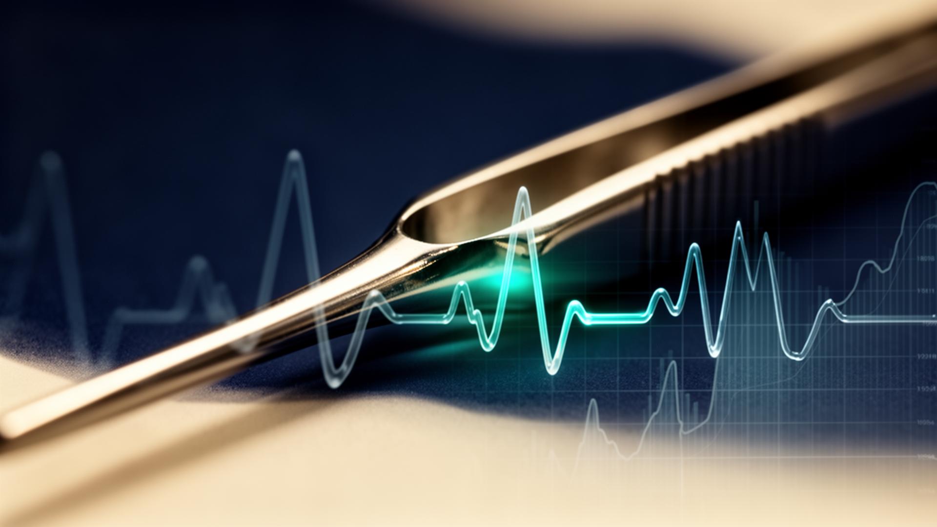 A surgical instrument with an overlaid ECG waveform and financial chart lines